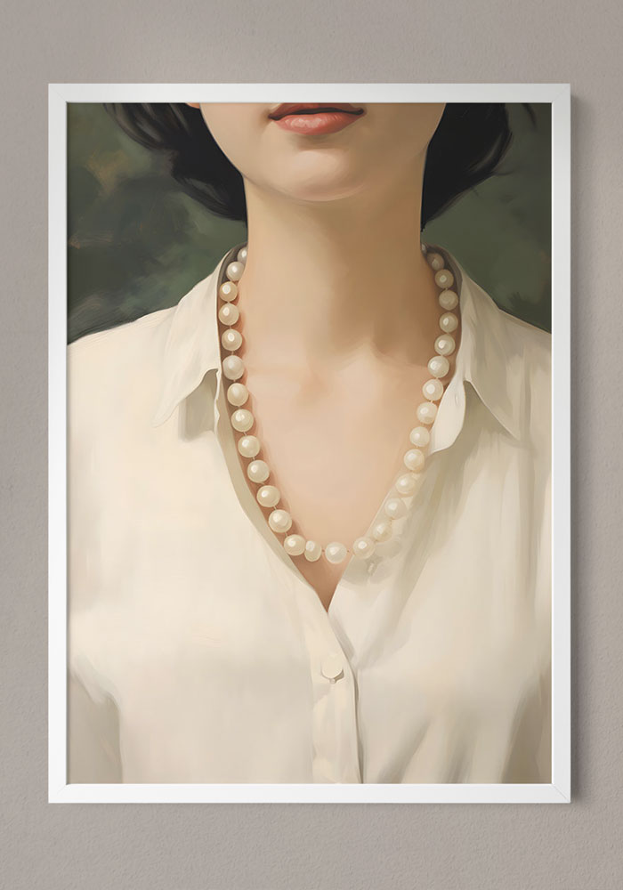 Feminine Poster - Elegance Feminine Poster with Pearls and White Shirt – Elegant Decor for Bedroom and Wardrobe