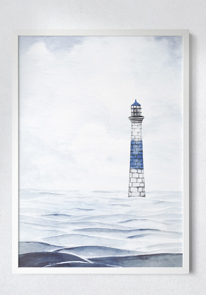 The loneliness of the lighthouse Watercolor poster of a distant lighthouse at sea in calming blue tones – Artinforms.store