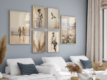 Romantic living room with a collage of art prints on the wall – Artinforms.store