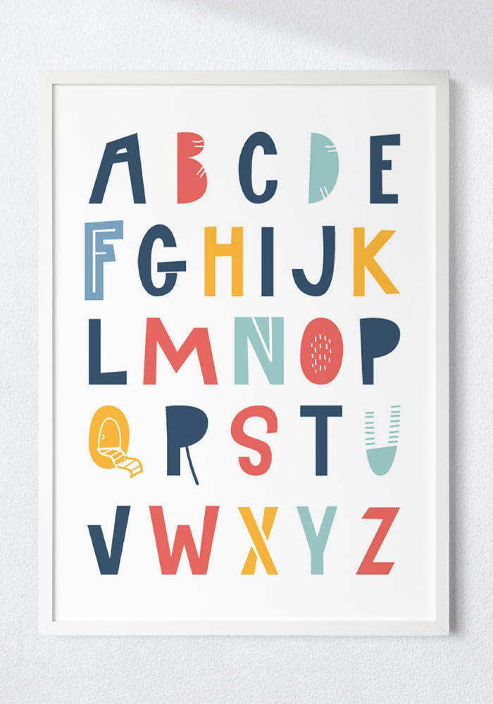 Colorful alphabet poster for children’s room, featuring A–Z letters in playful fonts and vibrant colors, printed on high-quality satin paper.