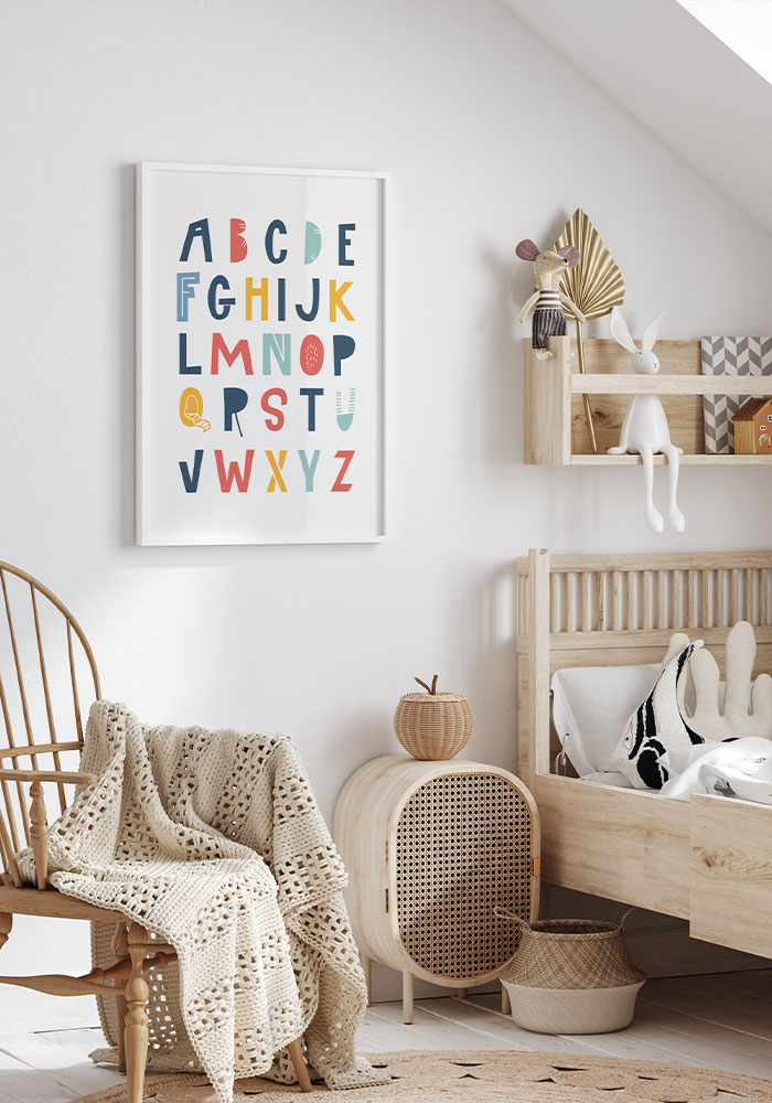 Colorful alphabet poster for children’s room, featuring A–Z letters in playful fonts and vibrant colors, printed on high-quality satin paper.