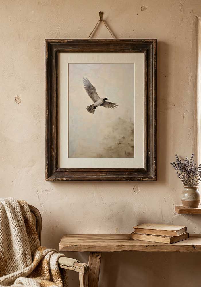 Painterly illustration of a bird flying gracefully against a textured, cloudy background in warm beige and soft grey tones.