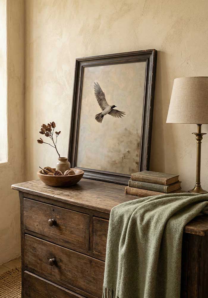 Painterly illustration of a bird flying gracefully against a textured, cloudy background in warm beige and soft grey tones.