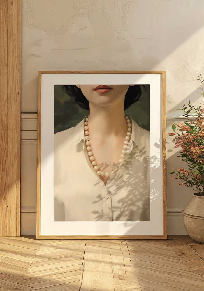 Feminine Poster - Elegance Feminine Poster with Pearls and White Shirt – Elegant Decor for Bedroom and Wardrobe