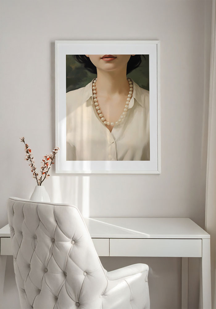 Feminine Poster - Elegance Feminine Poster with Pearls and White Shirt – Elegant Decor for Bedroom and Wardrobe
