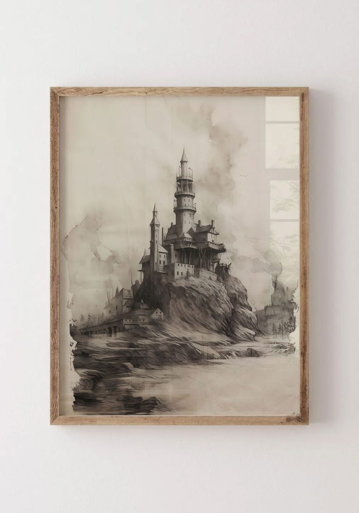 Vintage castle poster on cliff, pencil and charcoal drawing on aged beige background