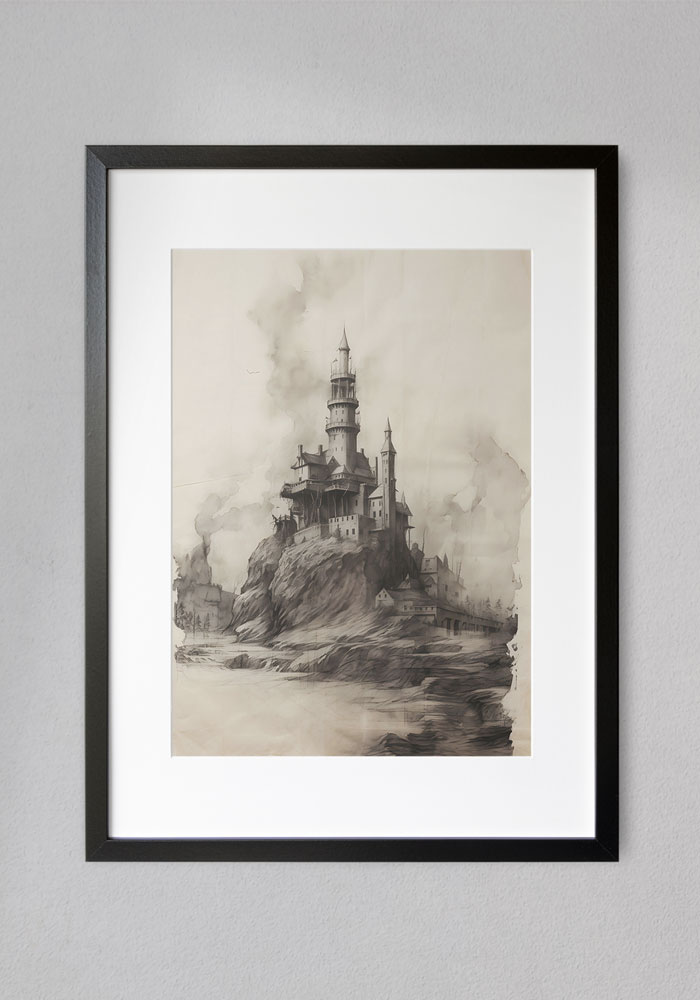 Vintage castle poster on cliff, pencil and charcoal drawing on aged beige background