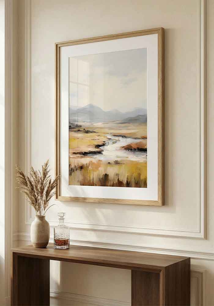 Impressionistic landscape painting of a winding river flowing through golden, earthy fields with distant soft blue mountains.