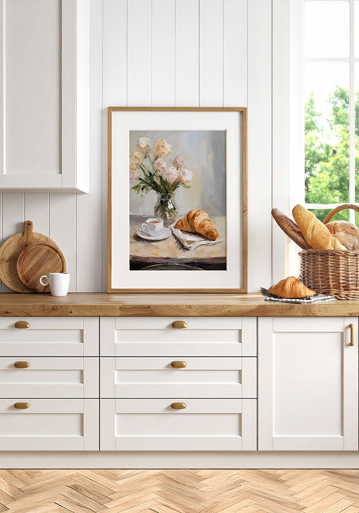 Serene Morning Poster Poster on wall in a warm and inviting dining space