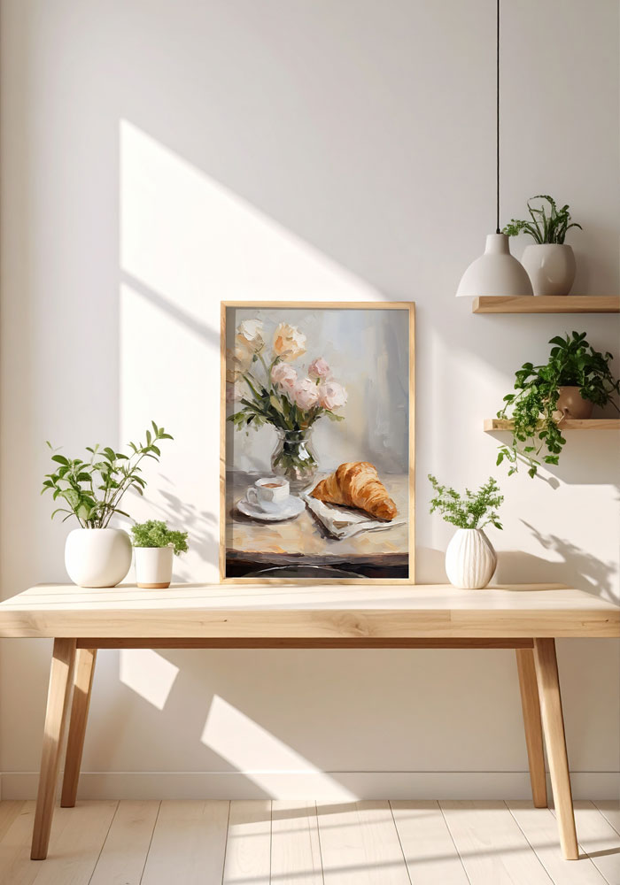Serene Morning Poster Poster on wall in a warm and inviting dining space