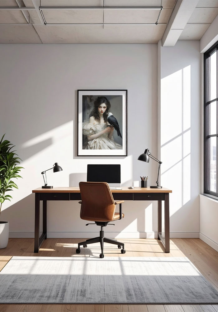 Vintage Poster – Girl in White Dress Holding Black Bird