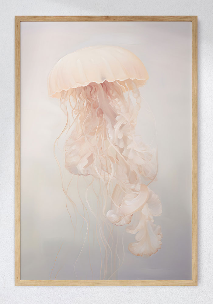 Delicate, translucent jellyfish illustration in soft pastel cream and blush pink tones.