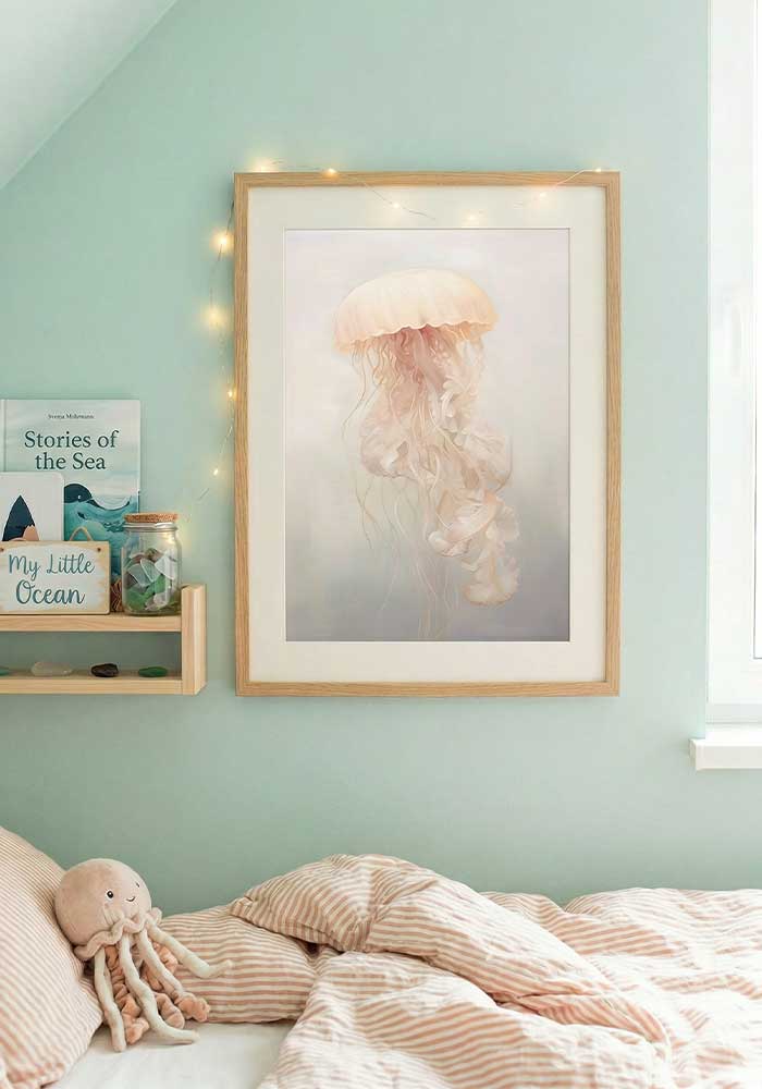 Delicate, translucent jellyfish illustration in soft pastel cream and blush pink tones.
