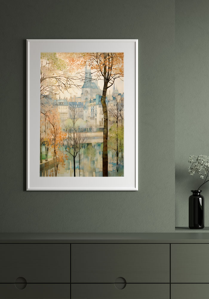 A painting of an autumn city displayed in a frame on the wall