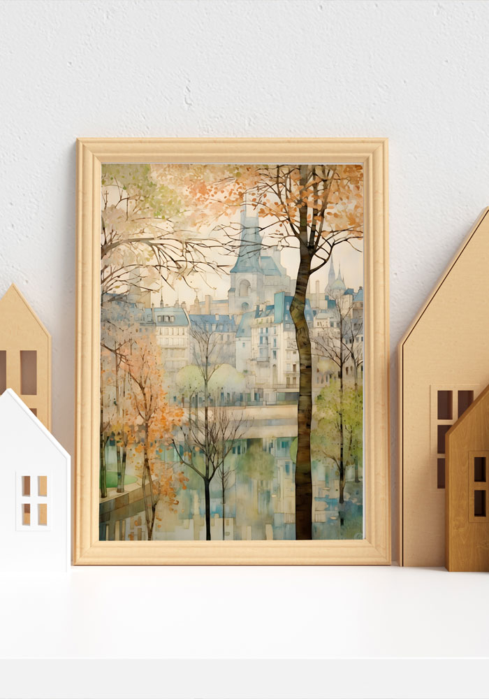 A painting of an autumn city displayed in a frame