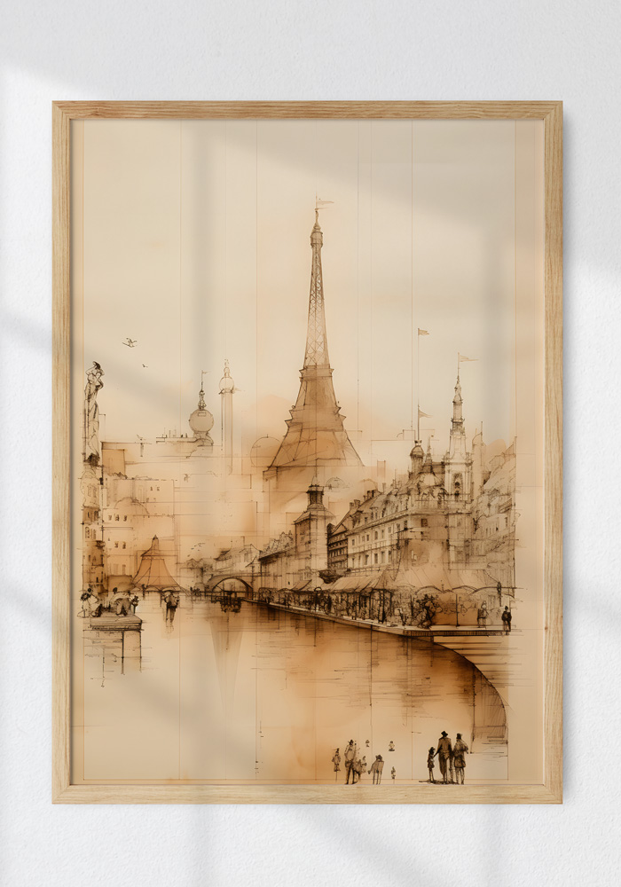 Eiffel Tower Sketch on Aged Paper with frame