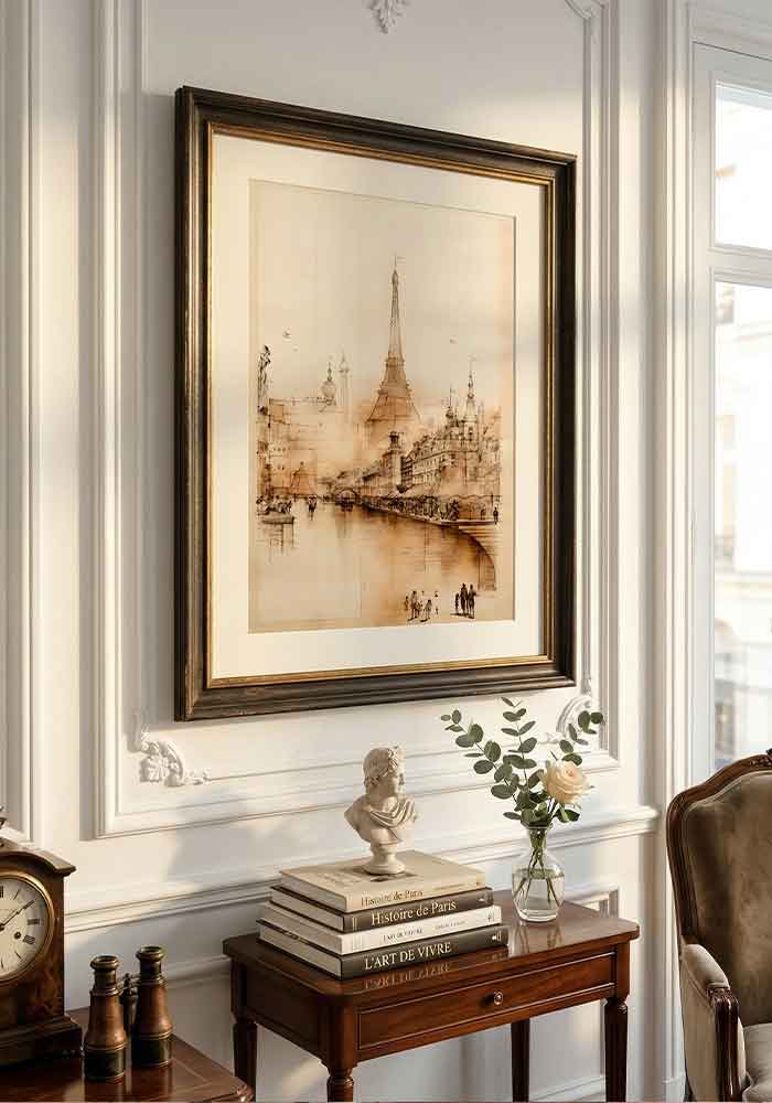 Detailed sepia-toned architectural sketch of Paris featuring the Eiffel Tower and a riverfront with people.