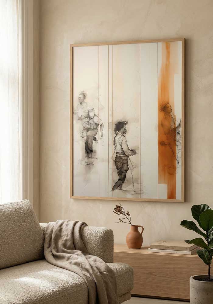 Contemporary sketch of human figures overlapping with bold, vertical burnt orange watercolor strokes on a light background.