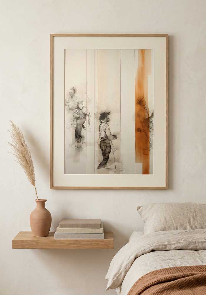 Contemporary sketch of human figures overlapping with bold, vertical burnt orange watercolor strokes on a light background.