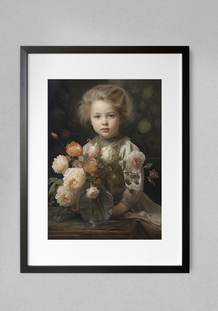 Vintage-style portrait painting of a child holding a glass vase filled with light pastel flowers against a very dark, moody background.
