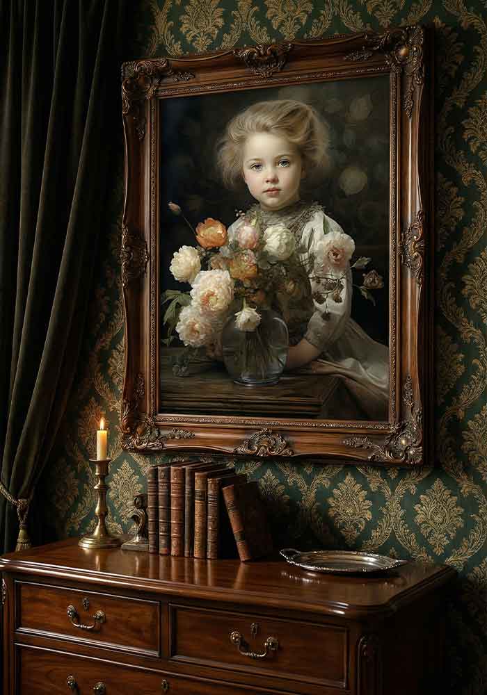 intage-style portrait painting of a child holding a glass vase filled with light pastel flowers against a very dark, moody background.