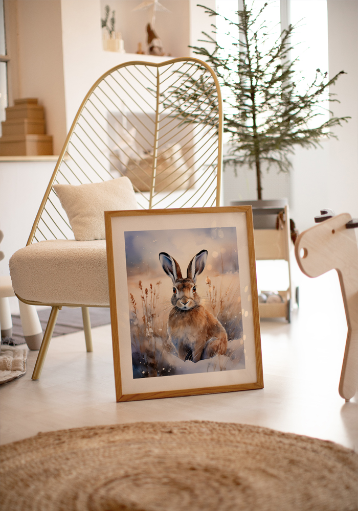 A hare sits quietly on a frosty, snow-covered meadow