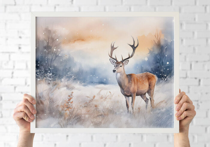 Winter deer in a snowy, magical watercolor frame mockup