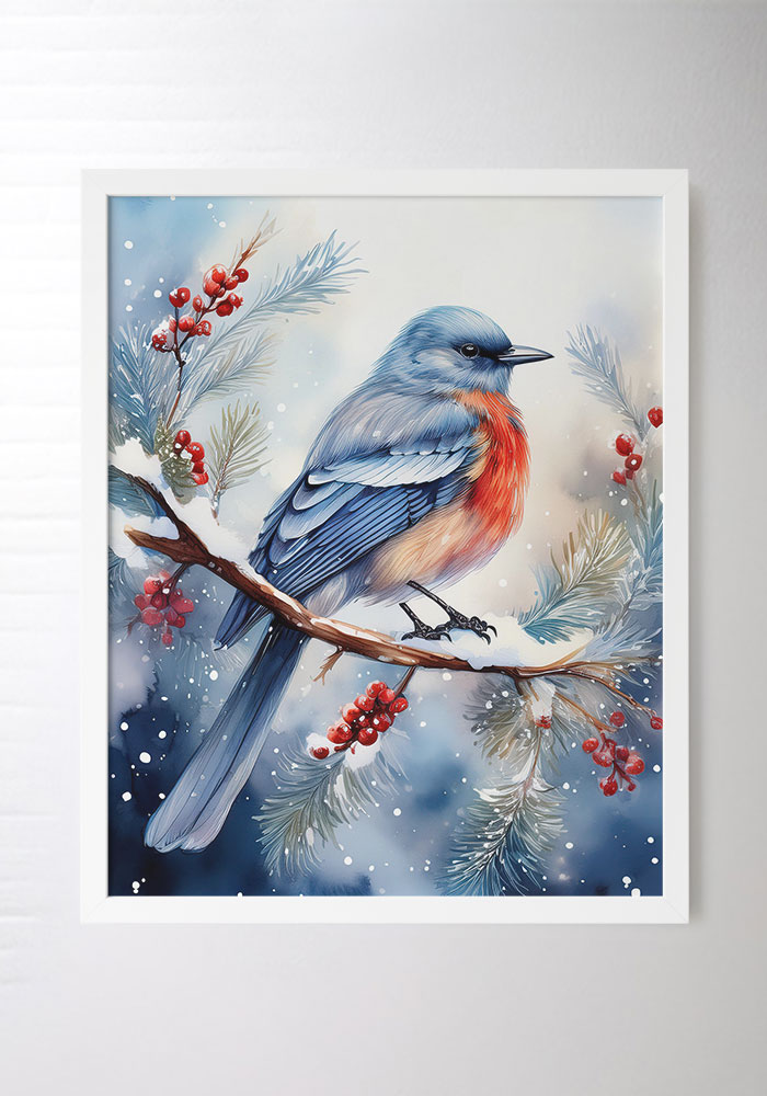 Winter Bird Art Print Winter bird watercolor art print — blue and orange bird on snowy branch with red berries. Nature wall decor for cozy home interiors.