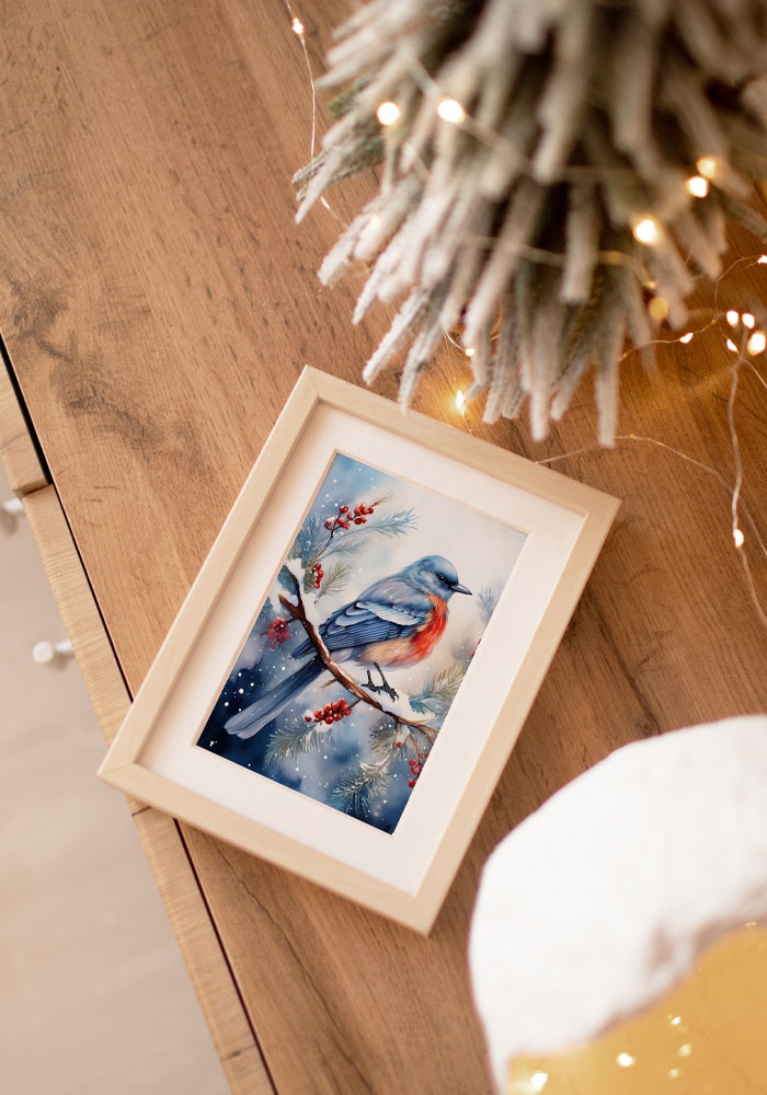 Winter Bird Art Print Winter bird watercolor art print — blue and orange bird on snowy branch with red berries. Nature wall decor for cozy home interiors.