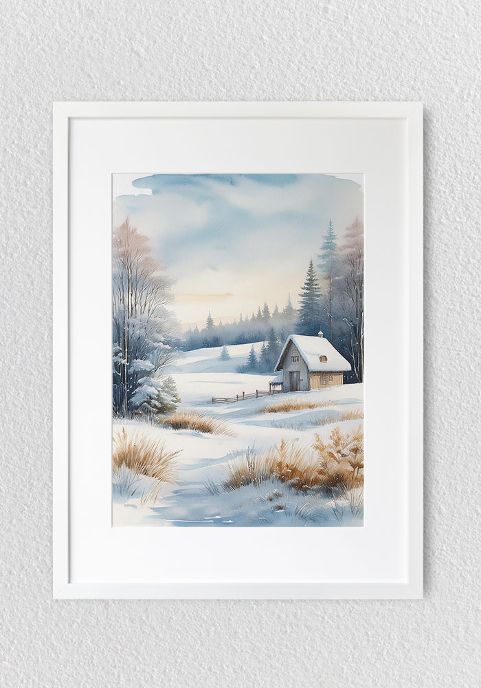 A serene winter landscape titled Silence of a Winter Morning, featuring a snowy meadow, distant cottage, bare trees, and tranquil shades of blue and brown.