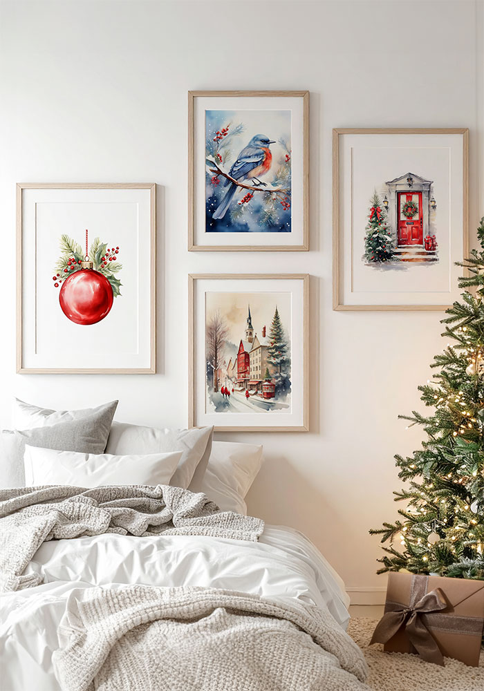 Winter town watercolor wall art — snowy village with red houses and Christmas tree. Festive holiday wall decor for cozy home interiors.