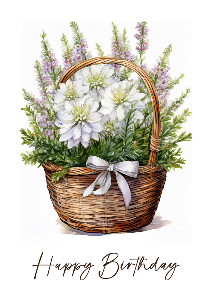 A delicate watercolor card with heather in a basket