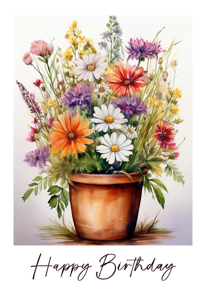 A vibrant bouquet of watercolor flowers in an elegant pot
