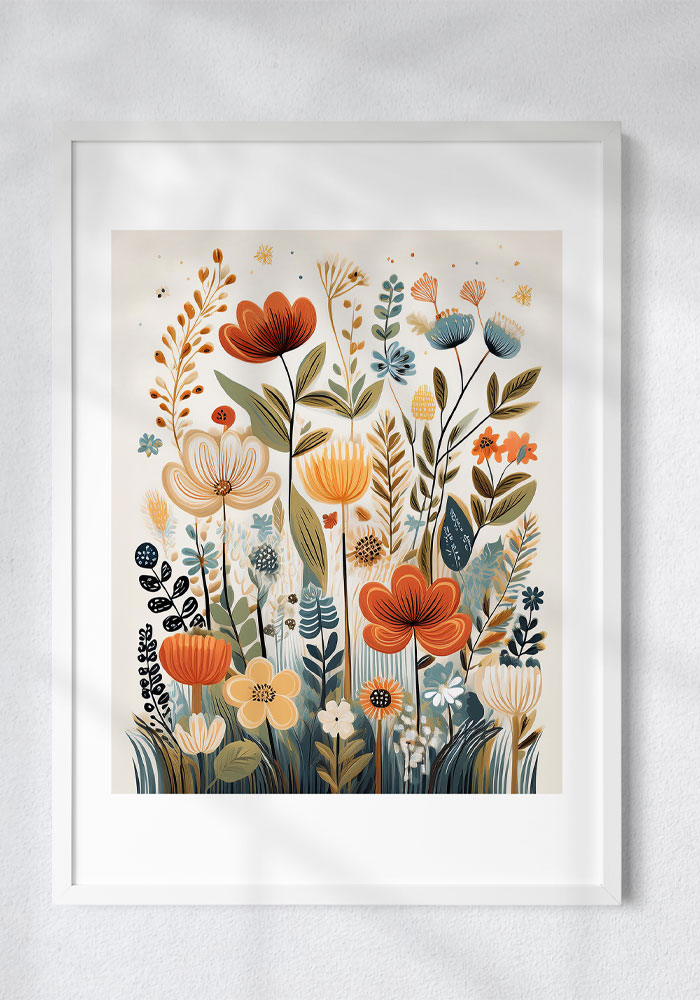 Folk-style meadow art in earthy tones and orange