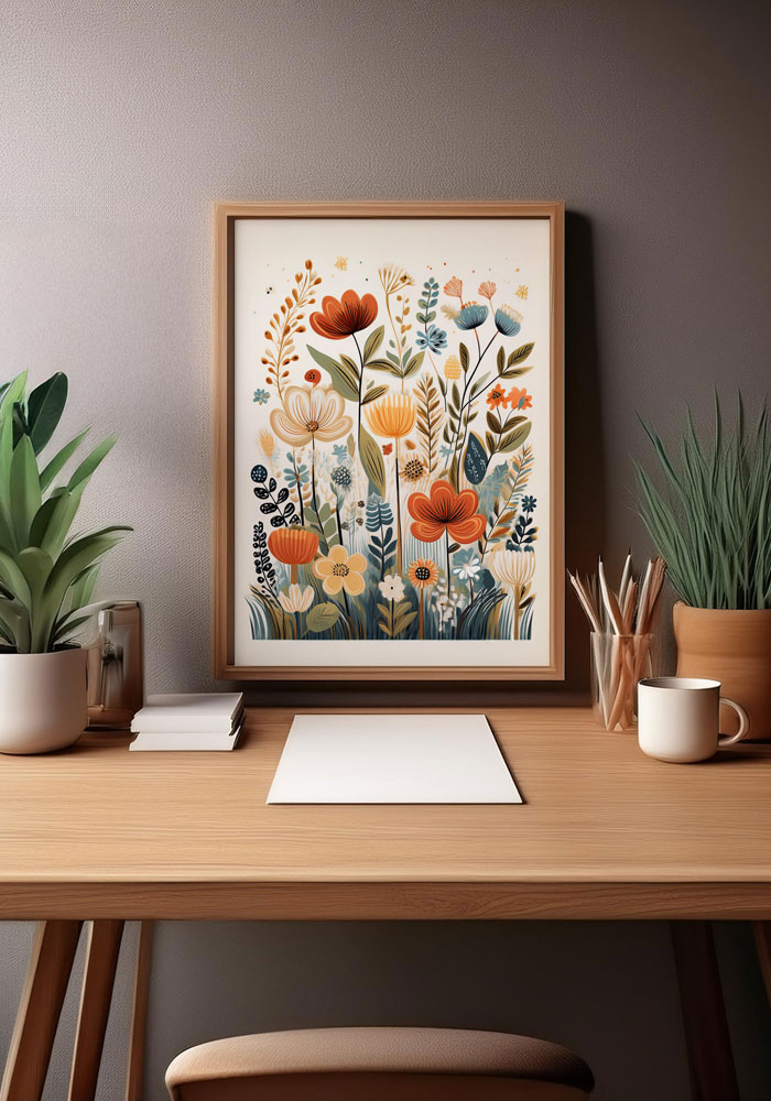 Folk-style meadow art in earthy tones and orange