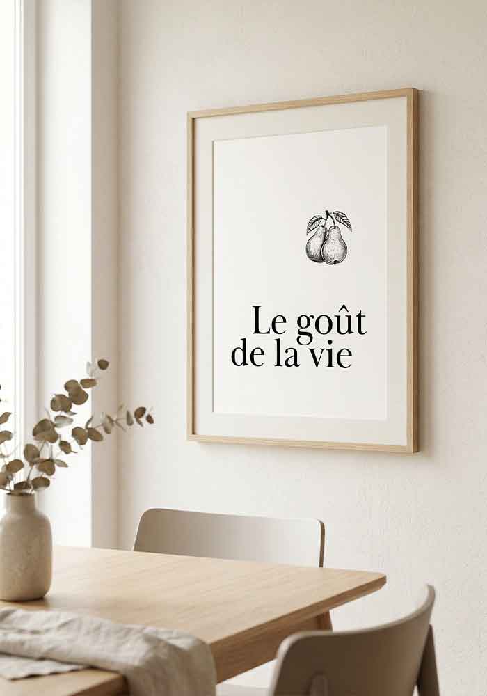 Minimalist white poster with the French phrase "Le goût de la vie" in elegant black typography, accompanied by a vintage-style line drawing of two pears.