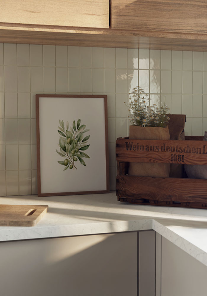 Watercolor poster with olive branch – delicate botanical wall art for kitchen or modern interior. Artinforms.store