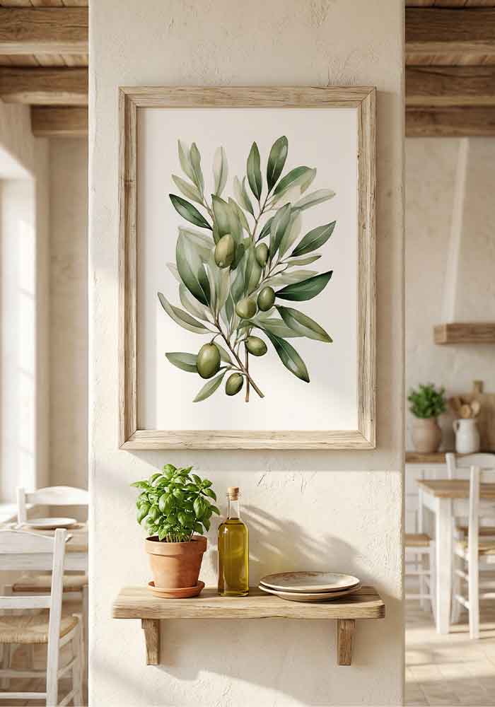 Delicate watercolor illustration of an olive branch with green leaves and olives on a pristine white background.