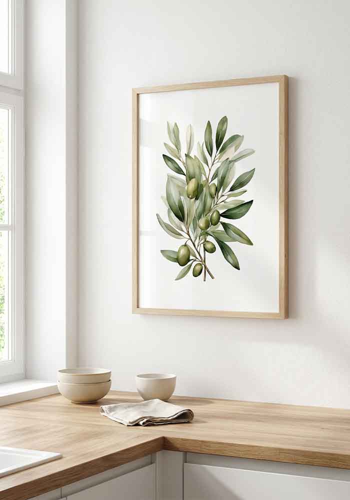 Delicate watercolor illustration of an olive branch with green leaves and olives on a pristine white background.