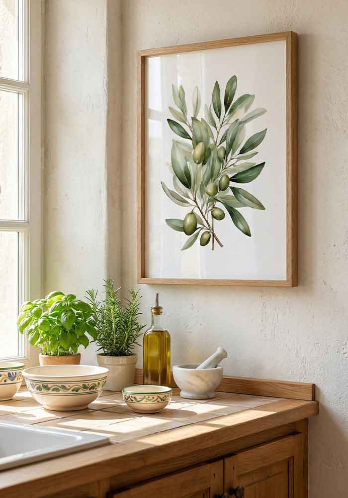 Delicate watercolor illustration of an olive branch with green leaves and olives on a pristine white background.