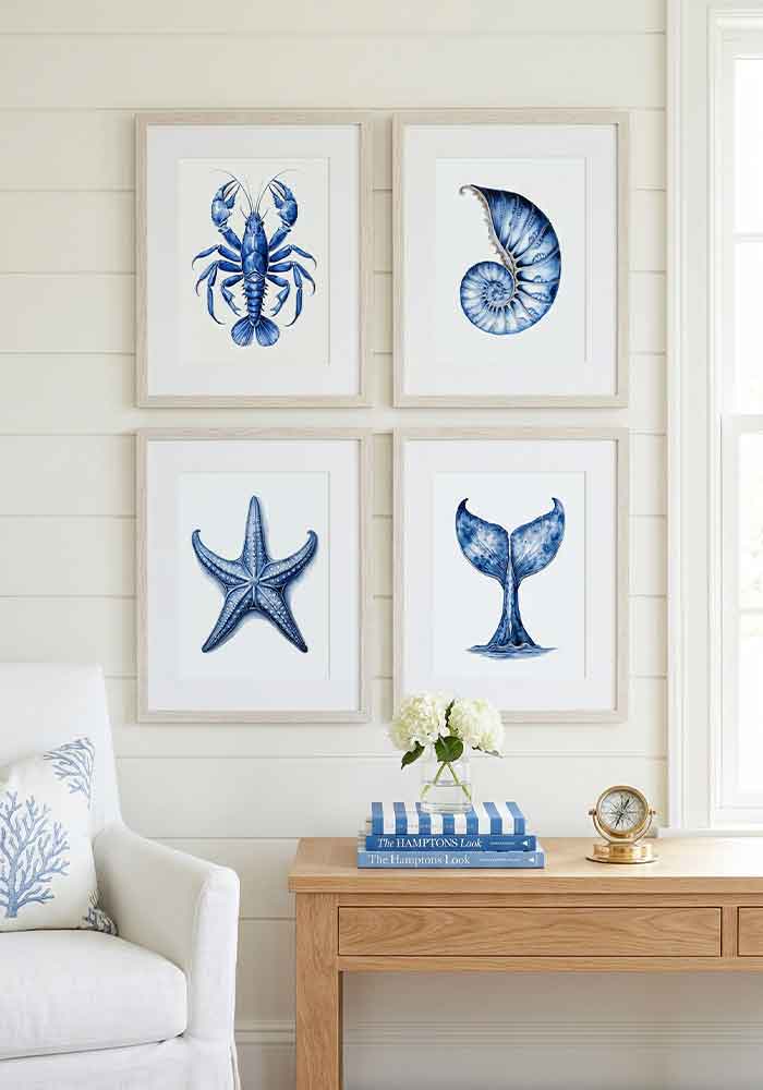 Detailed watercolor illustration of a marine crayfish in deep indigo blue tones on a white background.