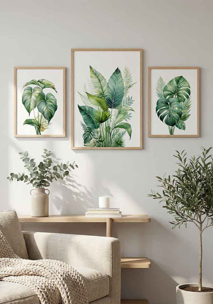 Elegant watercolor illustration of large, green Philodendron leaves with detailed light veins on a clean white background.