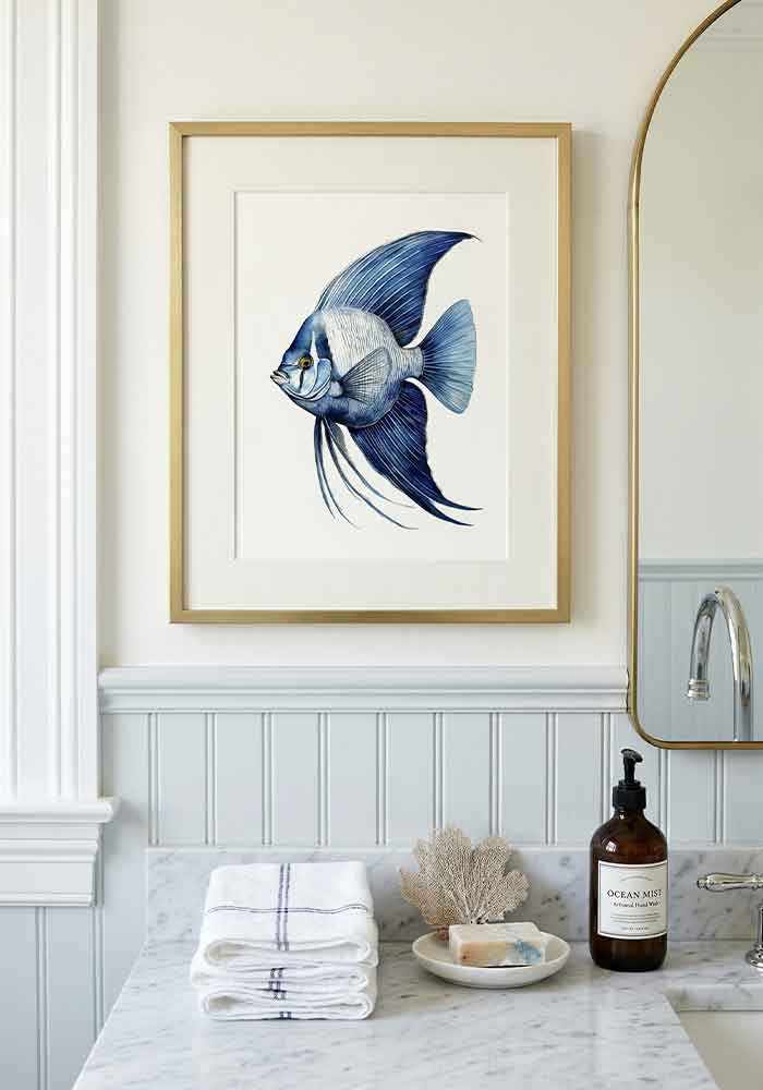 Detailed monochromatic watercolor illustration of an angelfish in deep indigo and cobalt blue tones on a clean white background.