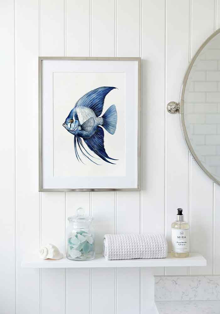 Detailed monochromatic watercolor illustration of an angelfish in deep indigo and cobalt blue tones on a clean white background.