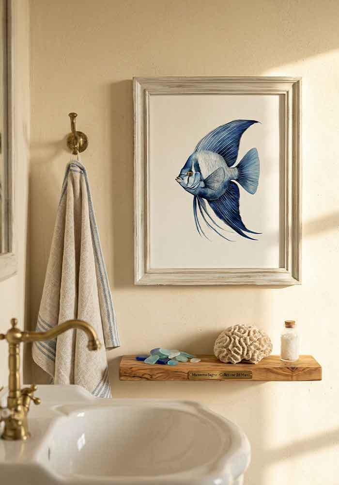 Detailed monochromatic watercolor illustration of an angelfish in deep indigo and cobalt blue tones on a clean white background.