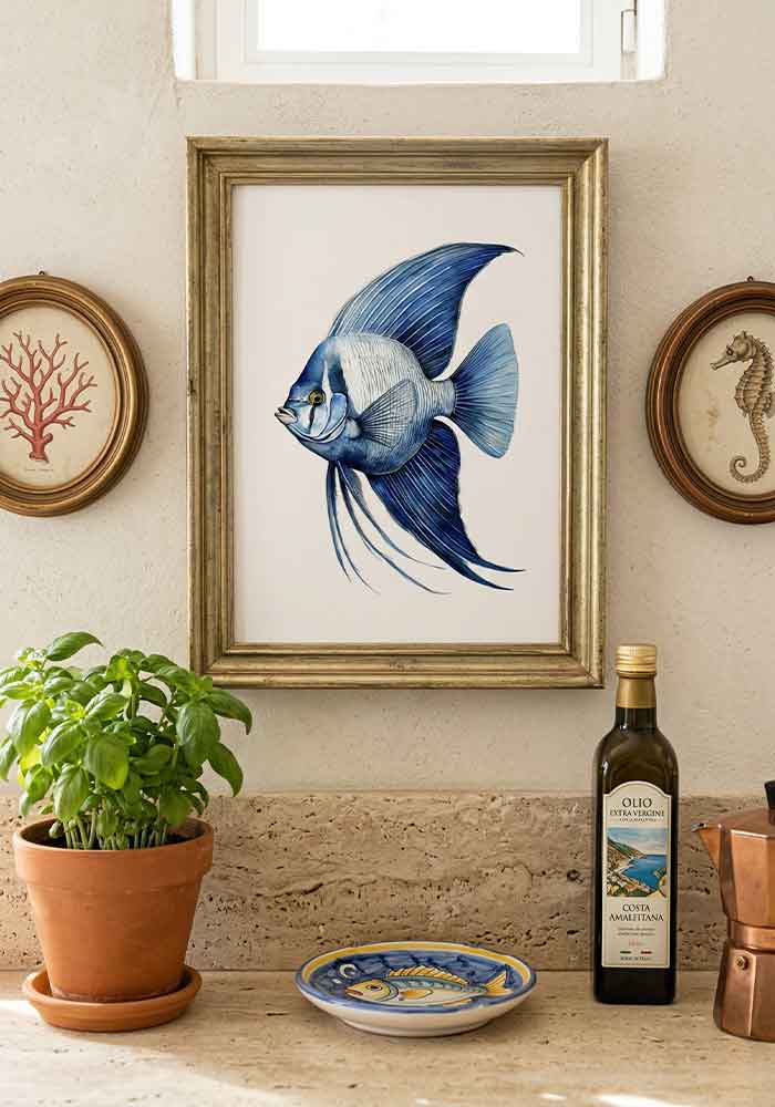 Detailed monochromatic watercolor illustration of an angelfish in deep indigo and cobalt blue tones on a clean white background.