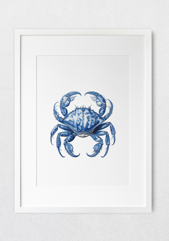 Watercolor crab art in navy blue — elegant coastal deco