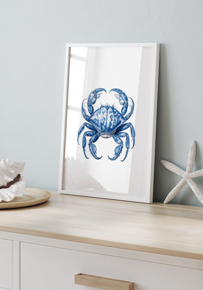 Watercolor crab art in navy blue — elegant coastal deco