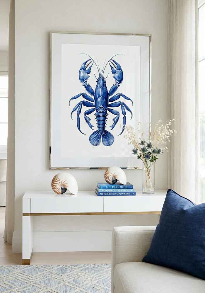 Detailed watercolor illustration of a marine crayfish in deep indigo blue tones on a white background.