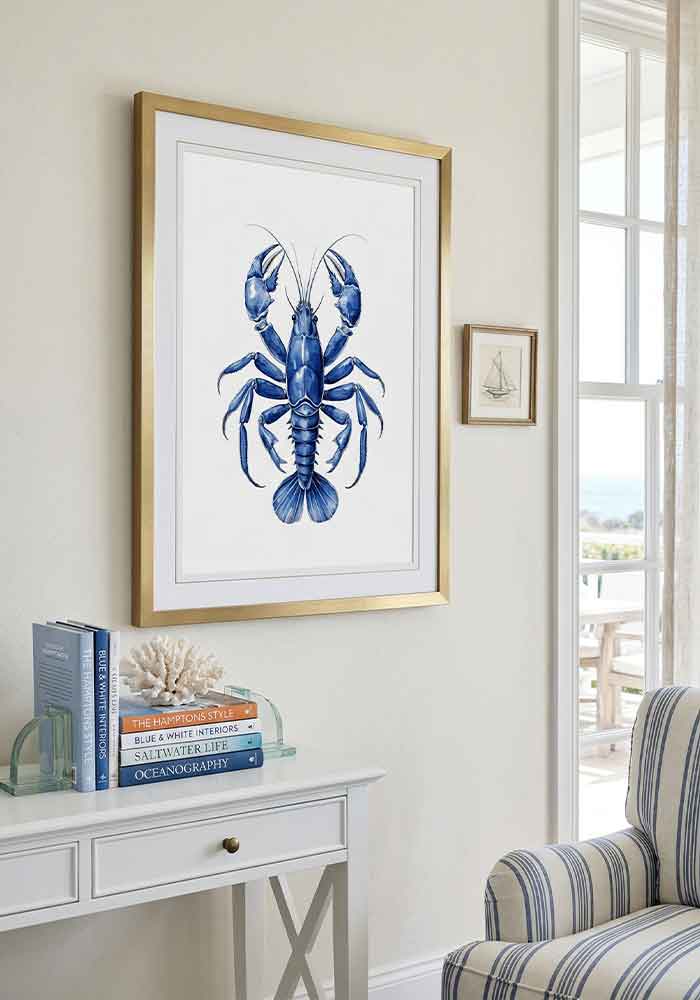 Detailed watercolor illustration of a marine crayfish in deep indigo blue tones on a white background.